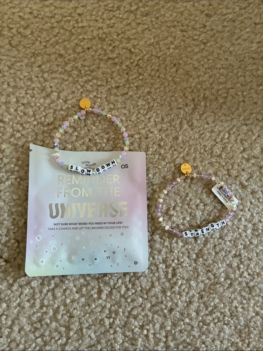 Little words project, Beaded 'SLOW DOWN' and 'STRENGTH' Bracelet Set